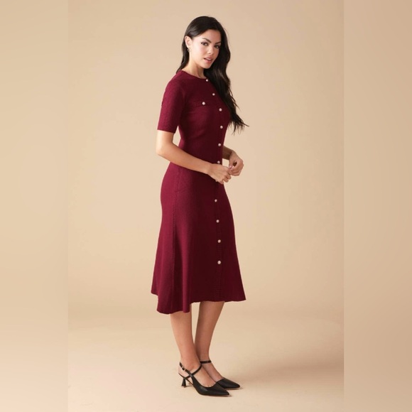 Burgundy Knit Midi Dress |Button-Down Sweater Dress|Elegant Fall/Winter Look|M–L - Picture 5 of 7